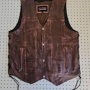 Vance High Mileage Leather Vest Mens L Distressed Brown CCW Biker Laced V Zip